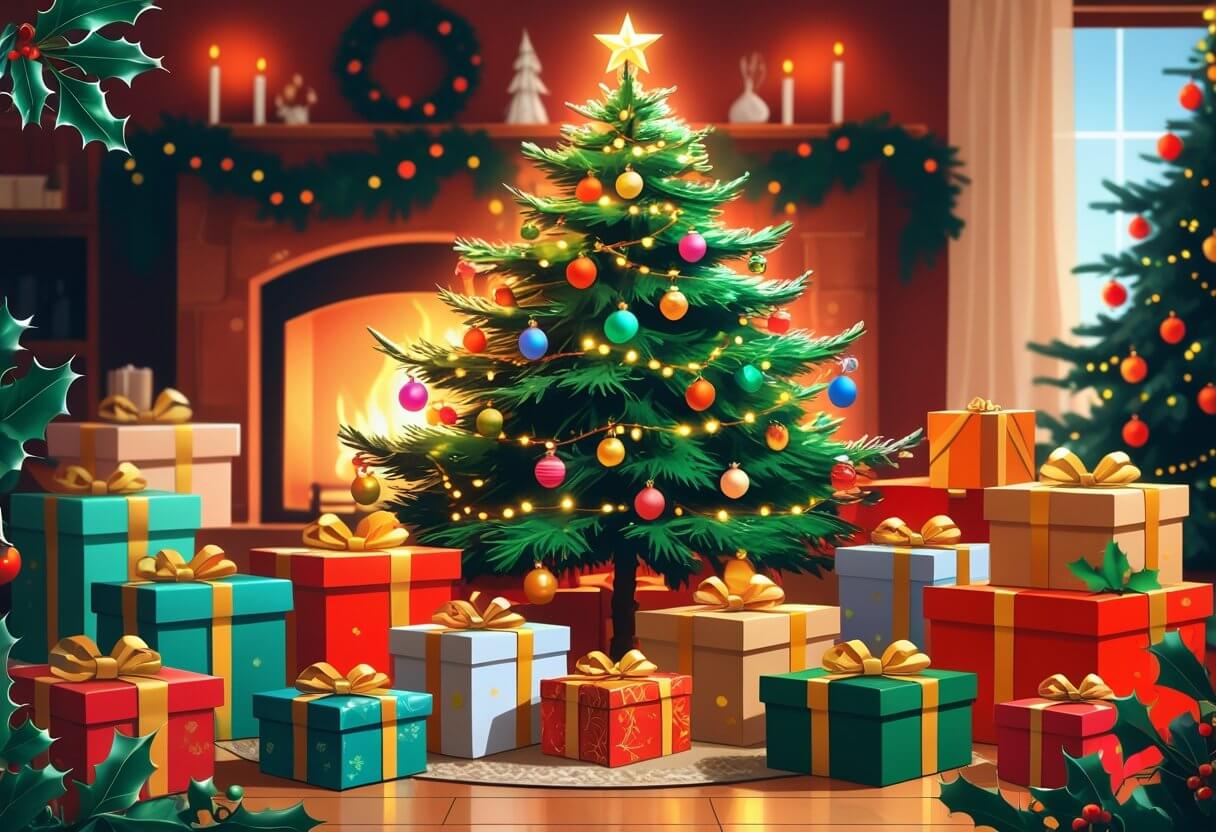 A cozy living room with a decorated Christmas tree surrounded by fifteen wrapped gift boxes and holiday decorations.