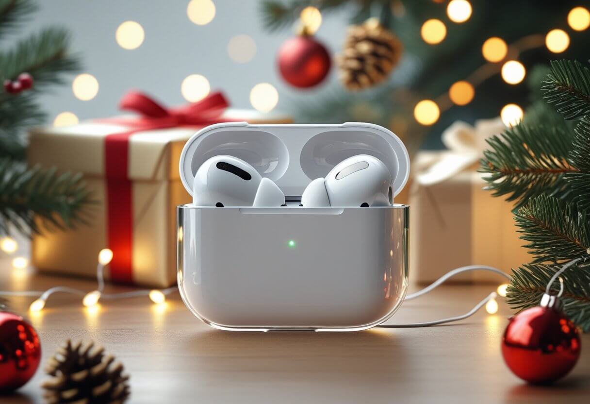 A pair of Apple AirPods Pro 2nd Generation in an open charging case surrounded by Christmas decorations and gift boxes.