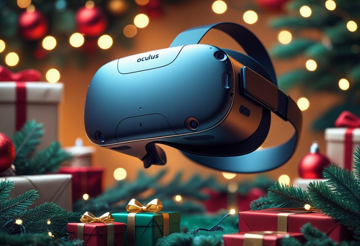 An Oculus Quest 3 VR headset surrounded by Christmas decorations and wrapped gifts in a festive setting.