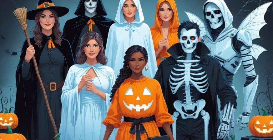 Ten people dressed in different Halloween costumes including a witch, vampire, ghost, werewolf, pumpkin, skeleton, fairy, mummy, pirate, and robot, standing together in a dark Halloween-themed setting.