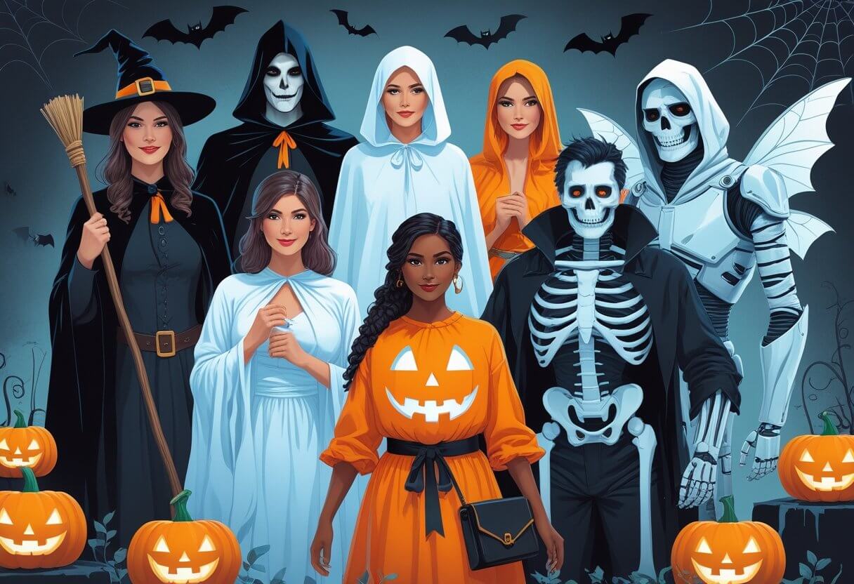 Ten people dressed in different Halloween costumes including a witch, vampire, ghost, werewolf, pumpkin, skeleton, fairy, mummy, pirate, and robot, standing together in a dark Halloween-themed setting.
