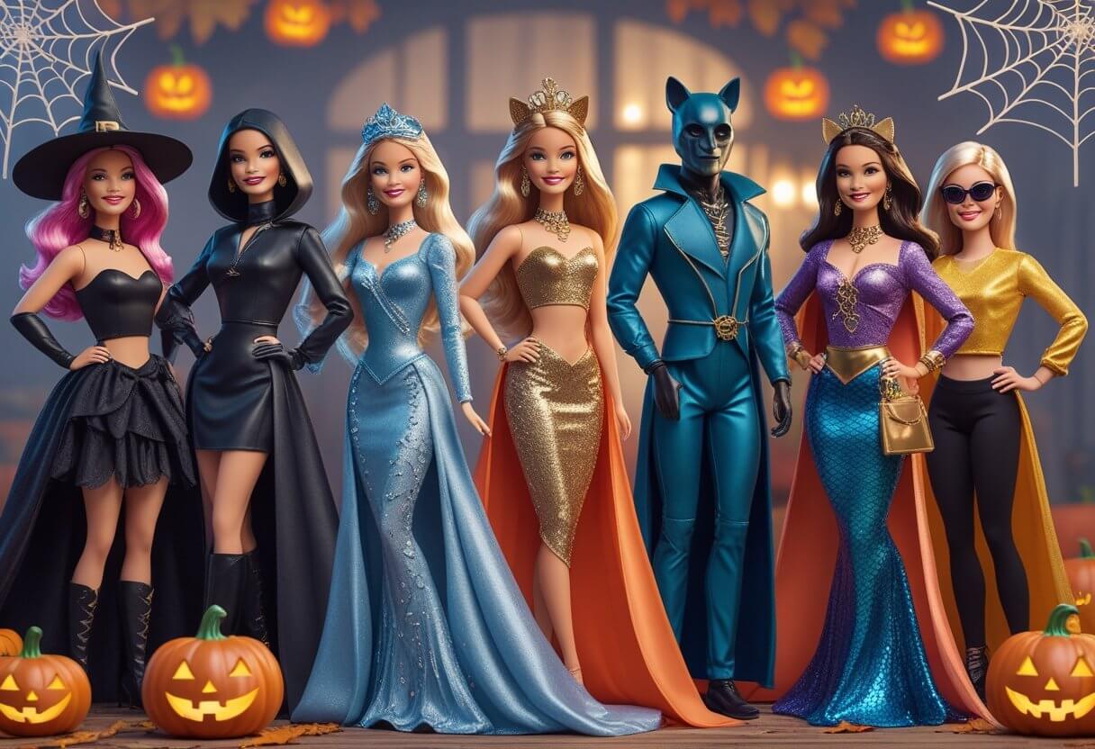 Barbie surrounded by her 10 greatest Halloween costumes, each displayed with detailed accessories and decorations in a festive Halloween setting.
