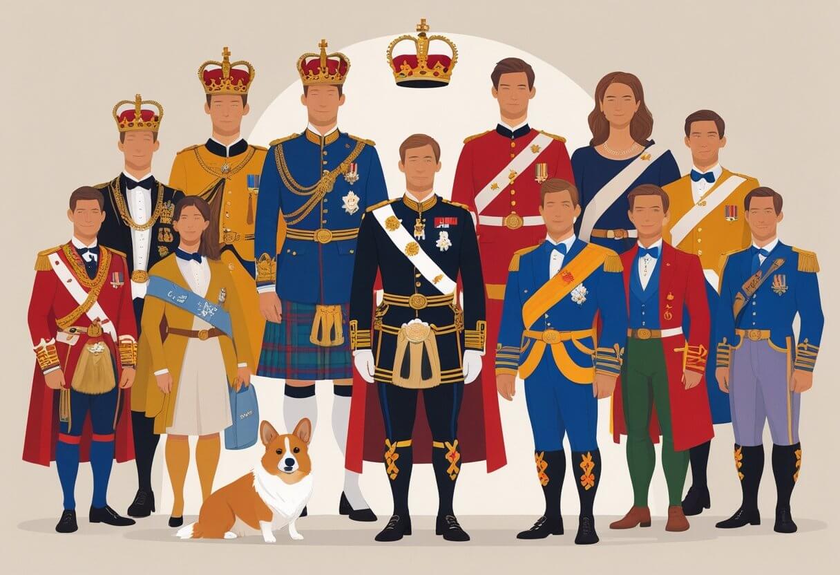 Ten people dressed in different creative costumes inspired by King Charles III, standing together in a group.