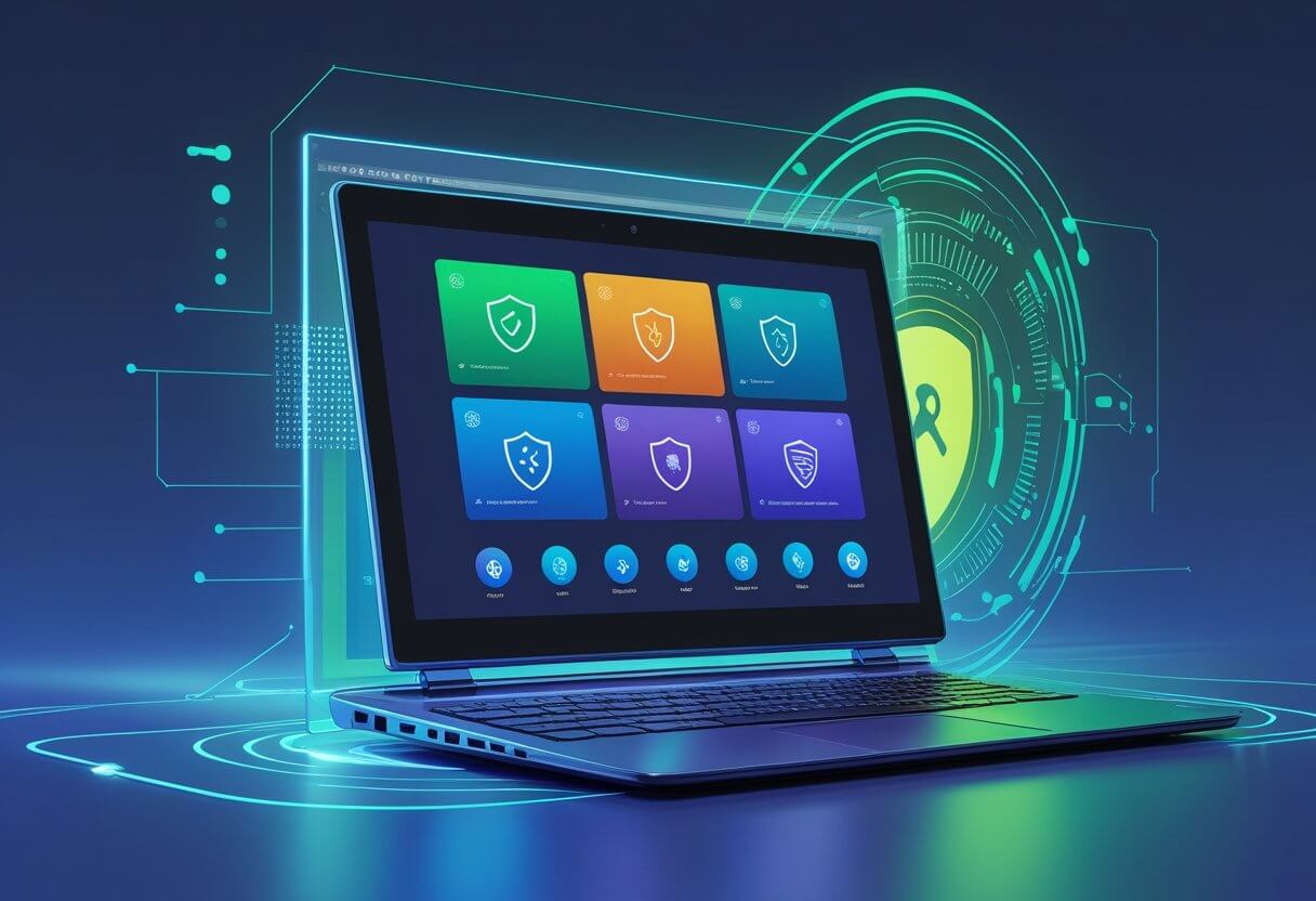 A laptop displaying an antivirus dashboard with seven software feature icons surrounded by digital security symbols.