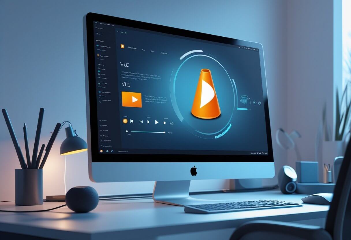 A computer screen on a modern desk showing the VLC Media Player icon with multimedia symbols around it.