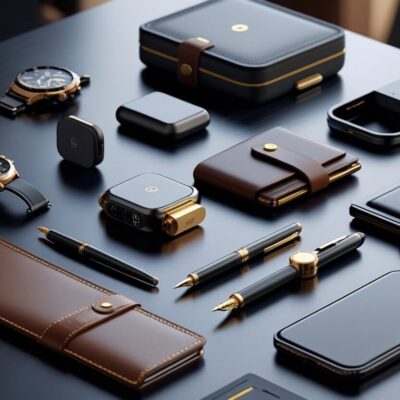 Eight premium men's gadgets arranged on a dark wooden surface, including a smartwatch, multi-tool, wireless earbuds, leather wallet, fountain pen, portable espresso maker, smart key organizer, and leather notebook.