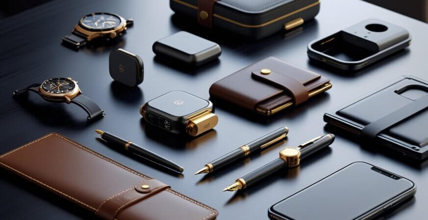 Eight premium men's gadgets arranged on a dark wooden surface, including a smartwatch, multi-tool, wireless earbuds, leather wallet, fountain pen, portable espresso maker, smart key organizer, and leather notebook.