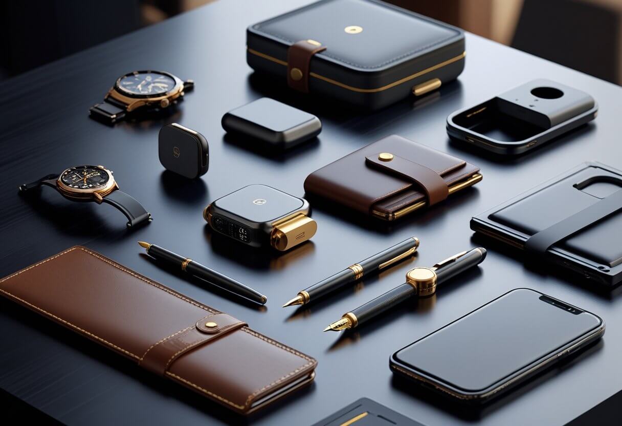 Eight premium men's gadgets arranged on a dark wooden surface, including a smartwatch, multi-tool, wireless earbuds, leather wallet, fountain pen, portable espresso maker, smart key organizer, and leather notebook.