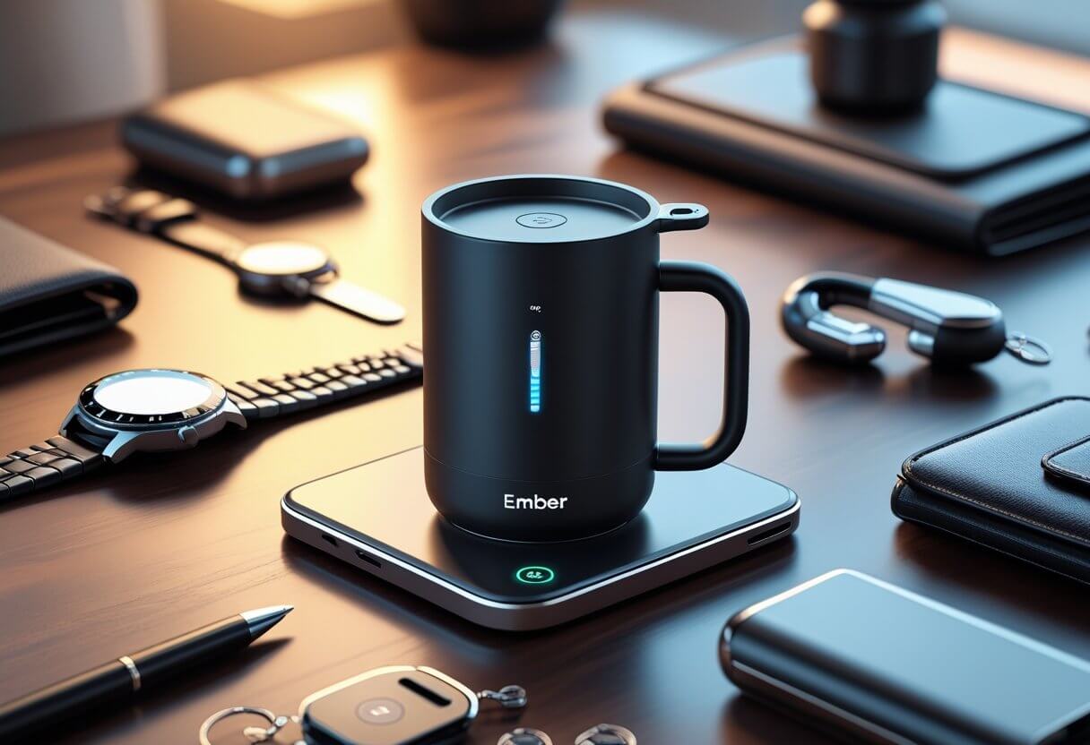 A smart temperature control mug on a desk surrounded by seven modern gadgets including a smartwatch, multi-tool, wireless earbuds, wallet, pen, key organizer, and portable charger.