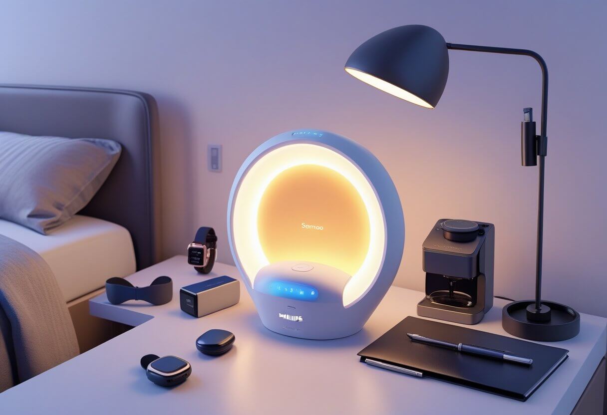 A modern bedroom scene featuring the Philips Somneo Sleep and Wake-Up Light on a nightstand surrounded by seven other high-end gadgets for men.