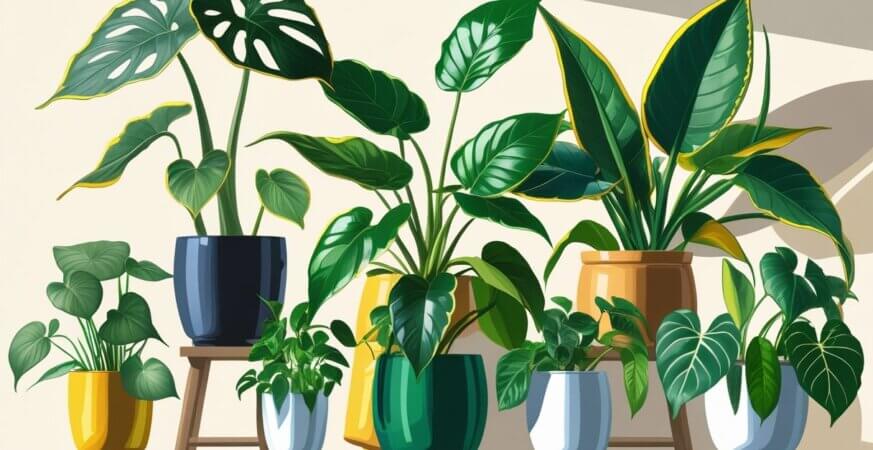 Seven different houseplants in individual pots arranged on a wooden shelf against a plain background.