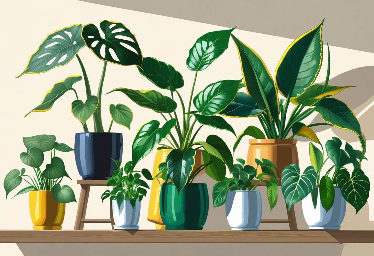 Seven different houseplants in individual pots arranged on a wooden shelf against a plain background.