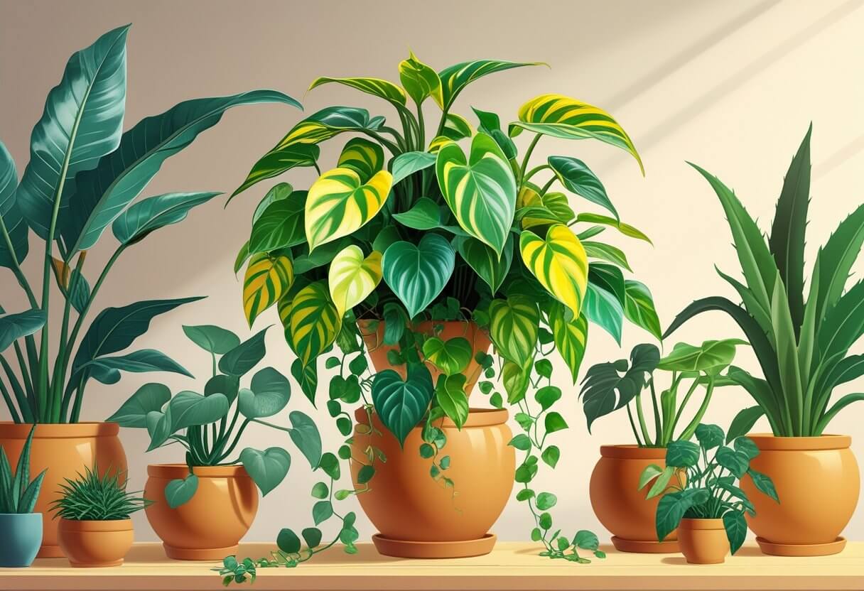A collection of seven healthy houseplants arranged on a wooden surface, with a Golden Pothos plant featuring trailing green and yellow leaves in the center.