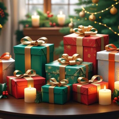 Six wrapped Christmas gifts arranged on a wooden table with holiday decorations and a Christmas tree in the background.