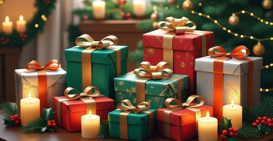 Six wrapped Christmas gifts arranged on a wooden table with holiday decorations and a Christmas tree in the background.