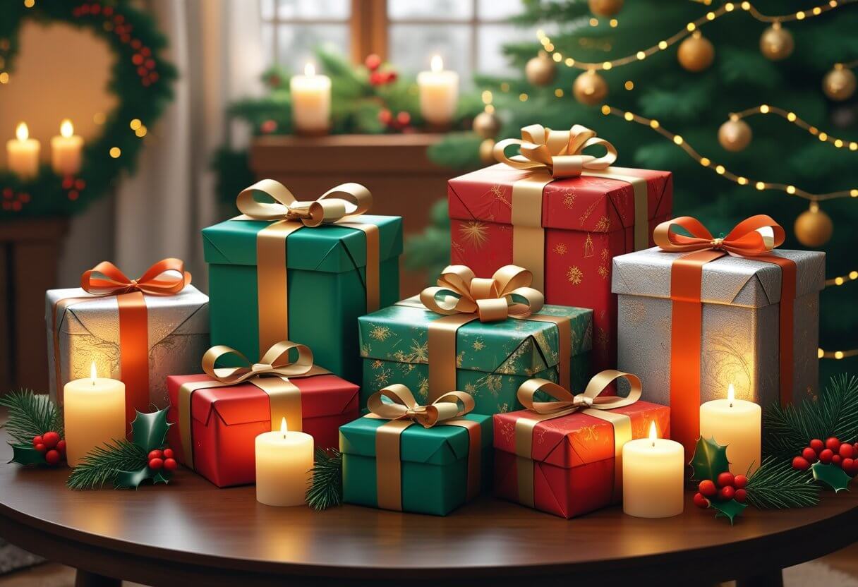 Six wrapped Christmas gifts arranged on a wooden table with holiday decorations and a Christmas tree in the background.