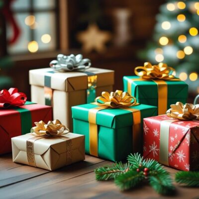 Six wrapped Christmas gifts arranged on a table with holiday decorations and a Christmas tree in the background.