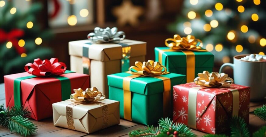 Six wrapped Christmas gifts arranged on a table with holiday decorations and a Christmas tree in the background.