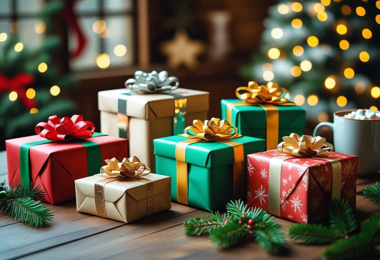 Six wrapped Christmas gifts arranged on a table with holiday decorations and a Christmas tree in the background.