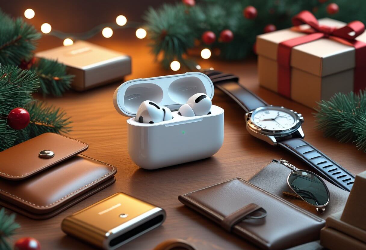 A flat lay of six Christmas gifts for a boyfriend including Apple AirPods Pro, a leather wallet, wristwatch, sunglasses, a wrapped gift box, and cologne on a wooden surface with festive decorations.