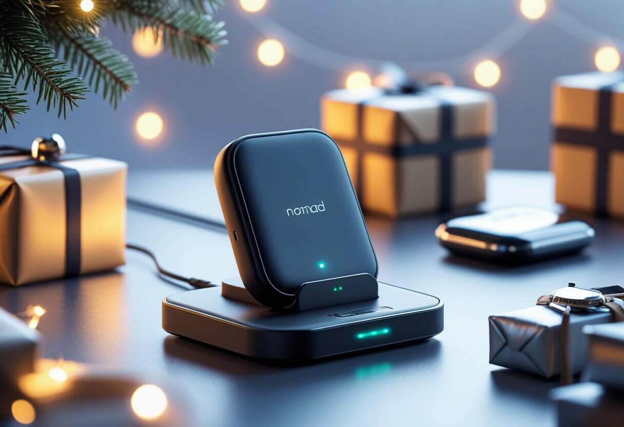 A Nomad Base Station Mini Wireless Charger on a modern desk surrounded by five other Christmas gift items including a wallet, wireless earbuds, wristwatch, grooming set, and travel mug, with soft holiday decorations in the background.