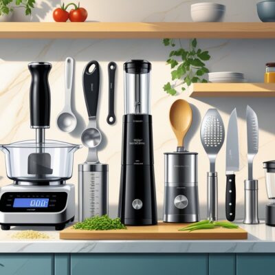 A kitchen countertop with ten useful kitchen gadgets arranged neatly, including a digital scale, vegetable chopper, immersion blender, garlic press, measuring spoons, spatula, chef's knife, citrus juicer, coffee grinder, and a timer.
