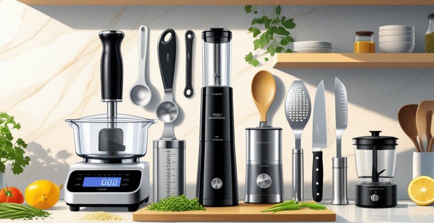 A kitchen countertop with ten useful kitchen gadgets arranged neatly, including a digital scale, vegetable chopper, immersion blender, garlic press, measuring spoons, spatula, chef's knife, citrus juicer, coffee grinder, and a timer.