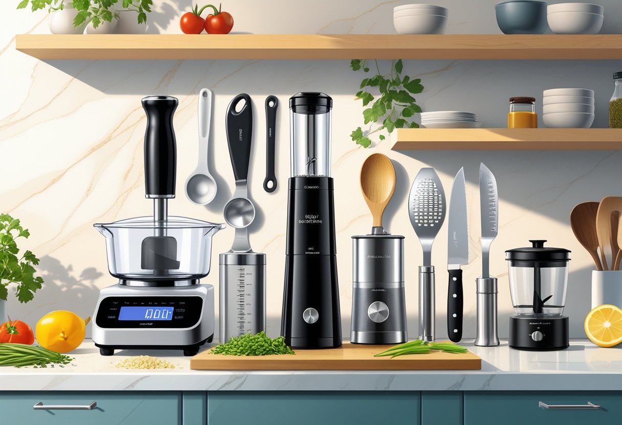 A kitchen countertop with ten useful kitchen gadgets arranged neatly, including a digital scale, vegetable chopper, immersion blender, garlic press, measuring spoons, spatula, chef's knife, citrus juicer, coffee grinder, and a timer.