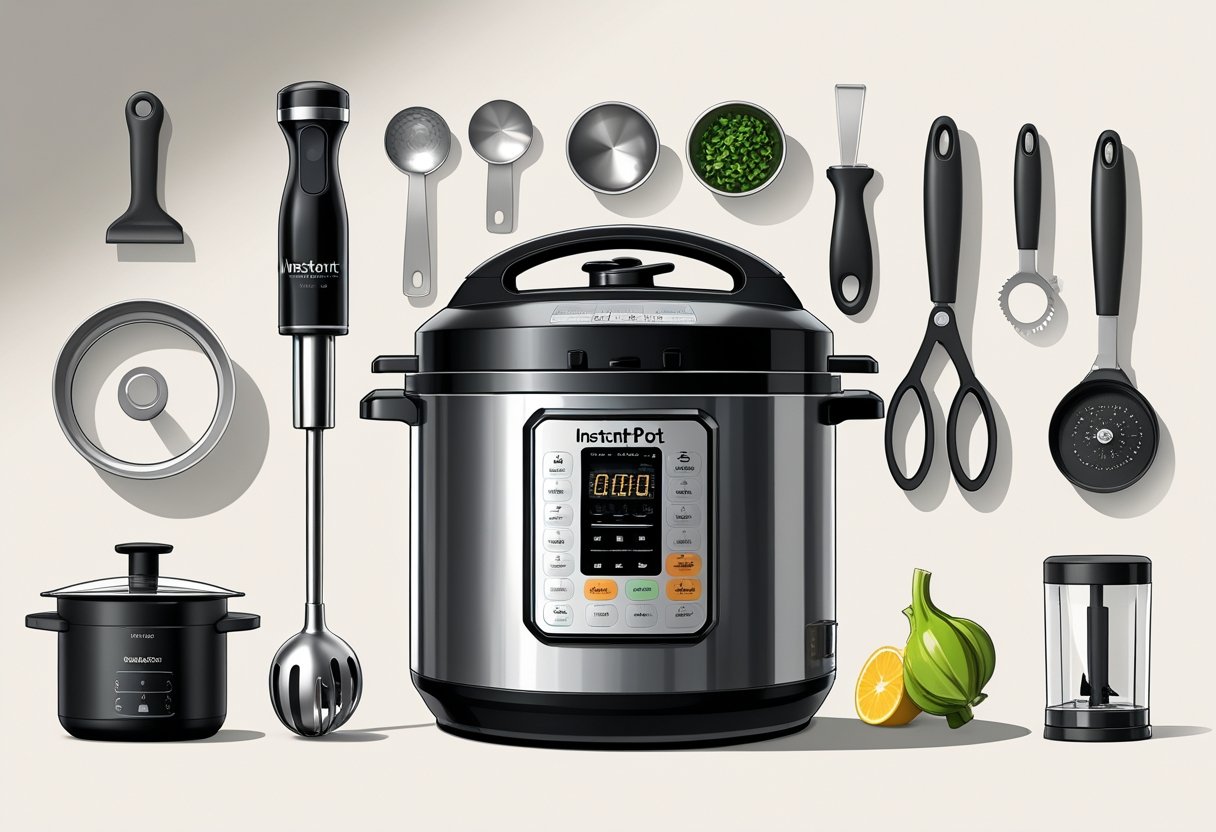 An Instant Pot Duo Evo Plus surrounded by nine common kitchen gadgets arranged neatly on a clean surface.