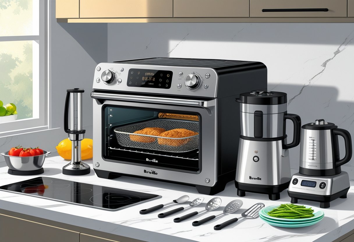 A modern kitchen countertop displaying the Breville Smart Oven Air Fryer surrounded by nine other useful kitchen gadgets arranged neatly.