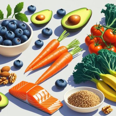 An arrangement of ten healthy foods including blueberries, avocado, almonds, carrots, kale, tomatoes, quinoa, salmon, walnuts, and bananas on a light background.