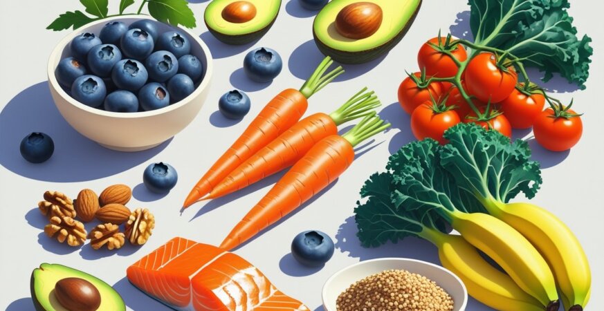 An arrangement of ten healthy foods including blueberries, avocado, almonds, carrots, kale, tomatoes, quinoa, salmon, walnuts, and bananas on a light background.