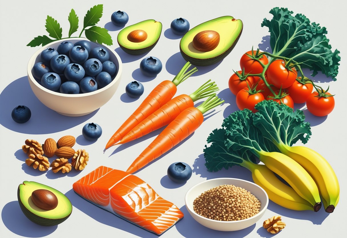 An arrangement of ten healthy foods including blueberries, avocado, almonds, carrots, kale, tomatoes, quinoa, salmon, walnuts, and bananas on a light background.