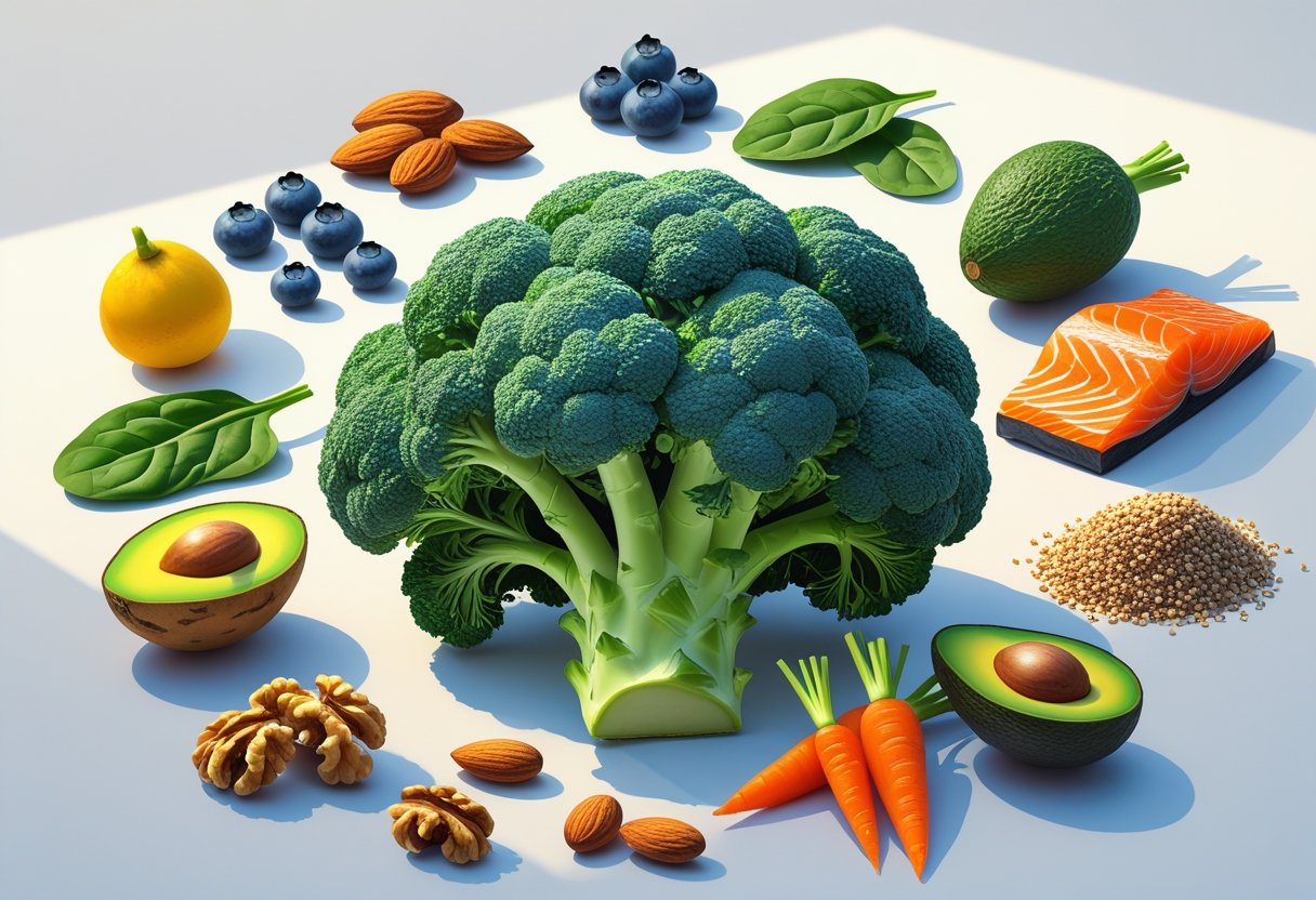 A variety of ten healthy foods arranged together, featuring a central broccoli head surrounded by fruits, vegetables, nuts, grains, and fish.