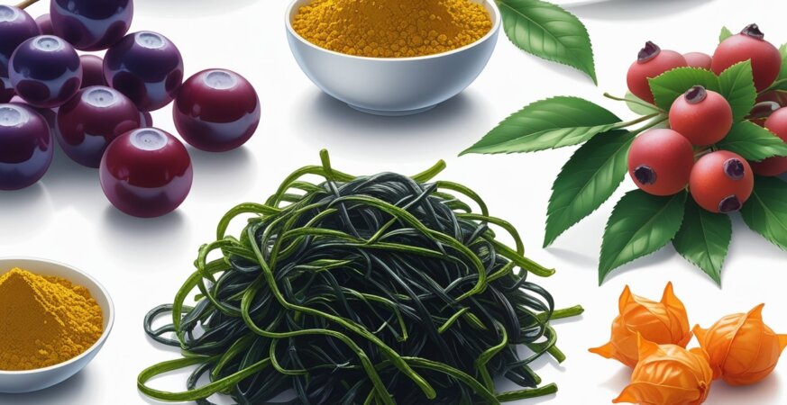 Five different rare superfoods including purple berries, green leaves with powder, reddish berries, dark green seaweed, and orange husk-covered fruits arranged on a white background.