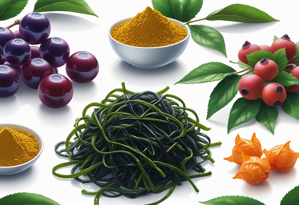 Five different rare superfoods including purple berries, green leaves with powder, reddish berries, dark green seaweed, and orange husk-covered fruits arranged on a white background.
