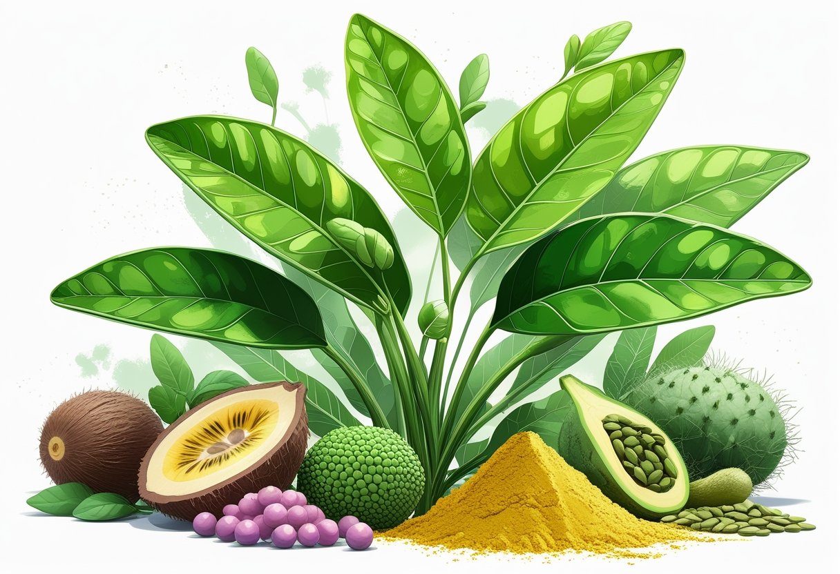A detailed illustration of fresh moringa leaves surrounded by four other lesser-known superfoods, including camu camu berries, baobab fruit, sacha inchi seeds, and lucuma powder.