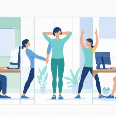 Five people demonstrating different ways to improve posture, including sitting properly at a desk, standing straight, stretching, adjusting a computer monitor, and using lumbar support.