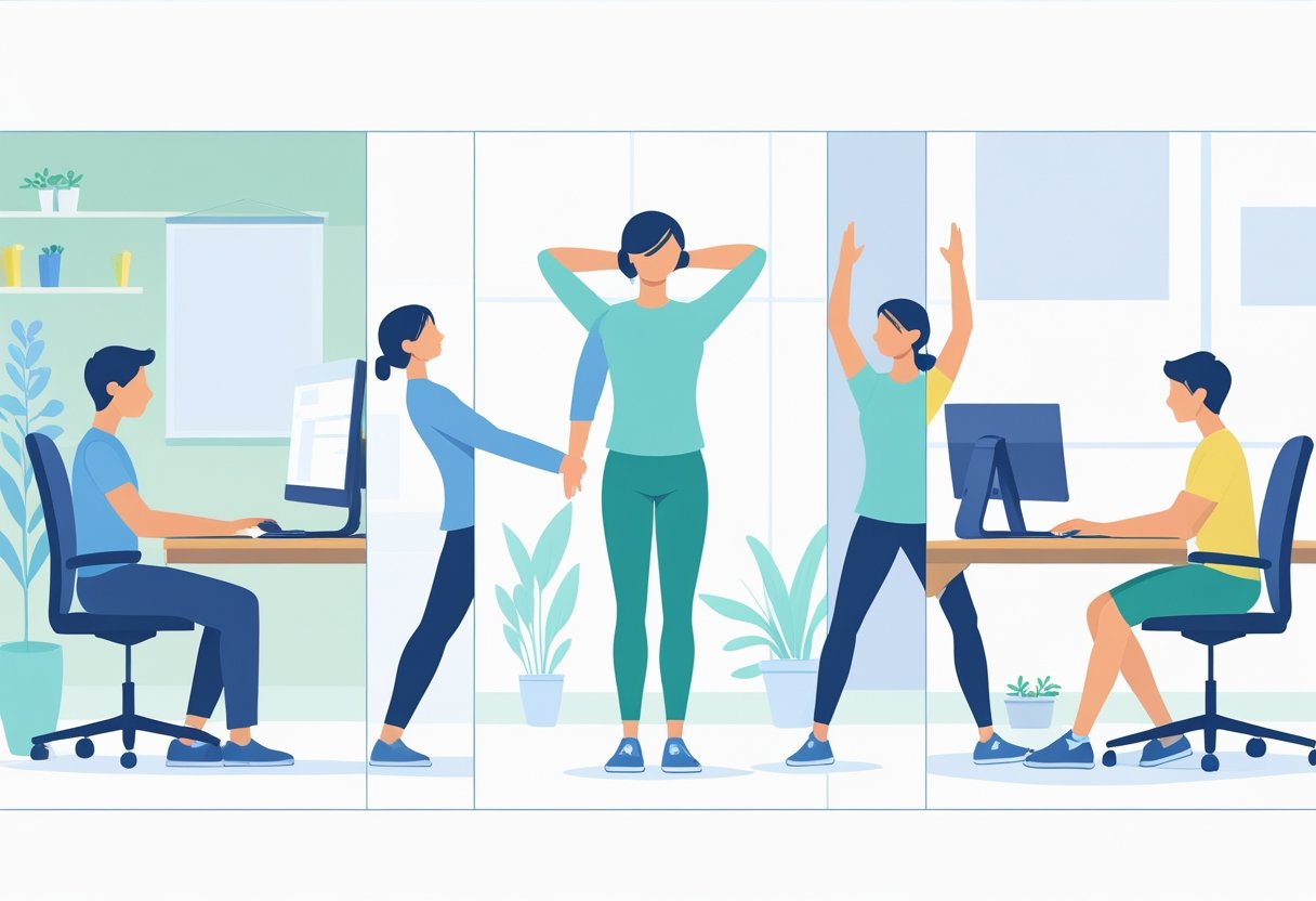 Five people demonstrating different ways to improve posture, including sitting properly at a desk, standing straight, stretching, adjusting a computer monitor, and using lumbar support.