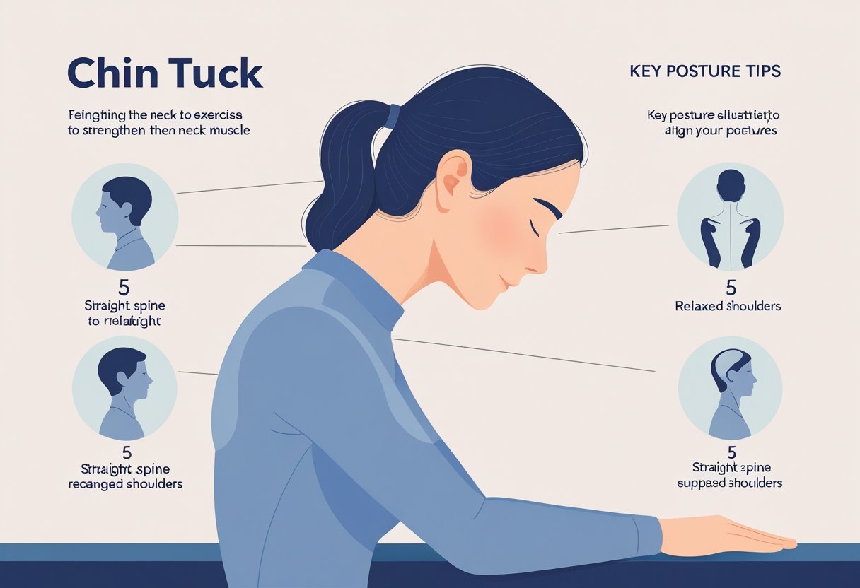 A person performing a chin tuck exercise to improve neck strength and posture, shown in a side profile with a straight spine and aligned neck.