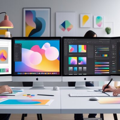 Four digital art workspaces side by side, each showing a different creative software interface with artists working on photo editing, digital painting, vector graphics, and graphic design projects.