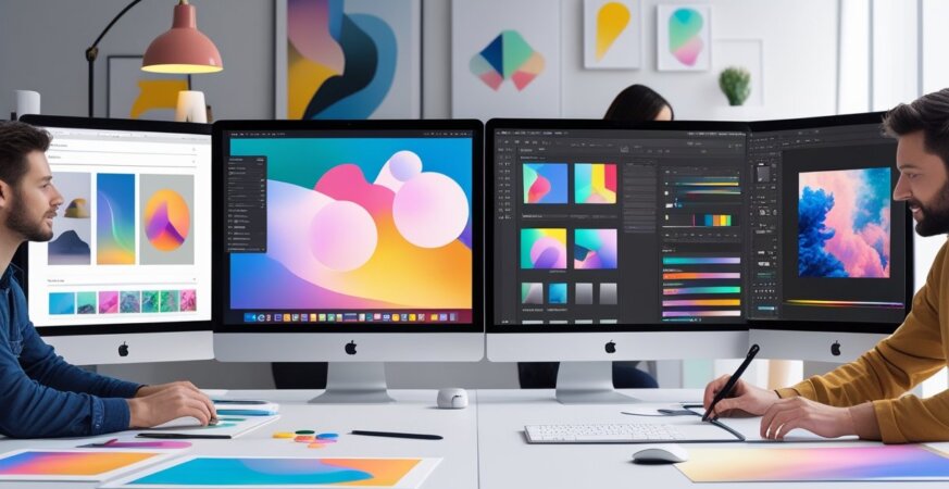 Four digital art workspaces side by side, each showing a different creative software interface with artists working on photo editing, digital painting, vector graphics, and graphic design projects.