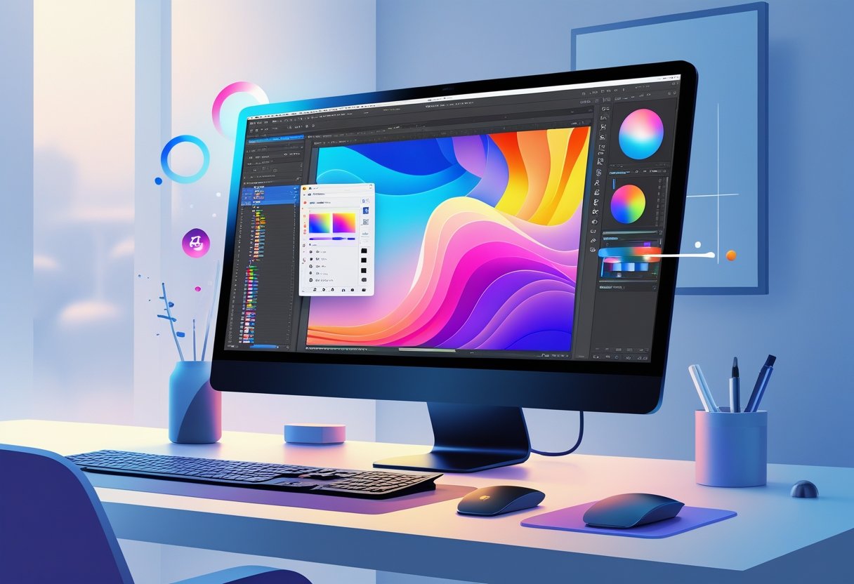 A digital workspace featuring a computer monitor displaying photo editing software with design tools, a graphic tablet with stylus, keyboard, and mouse on a desk.