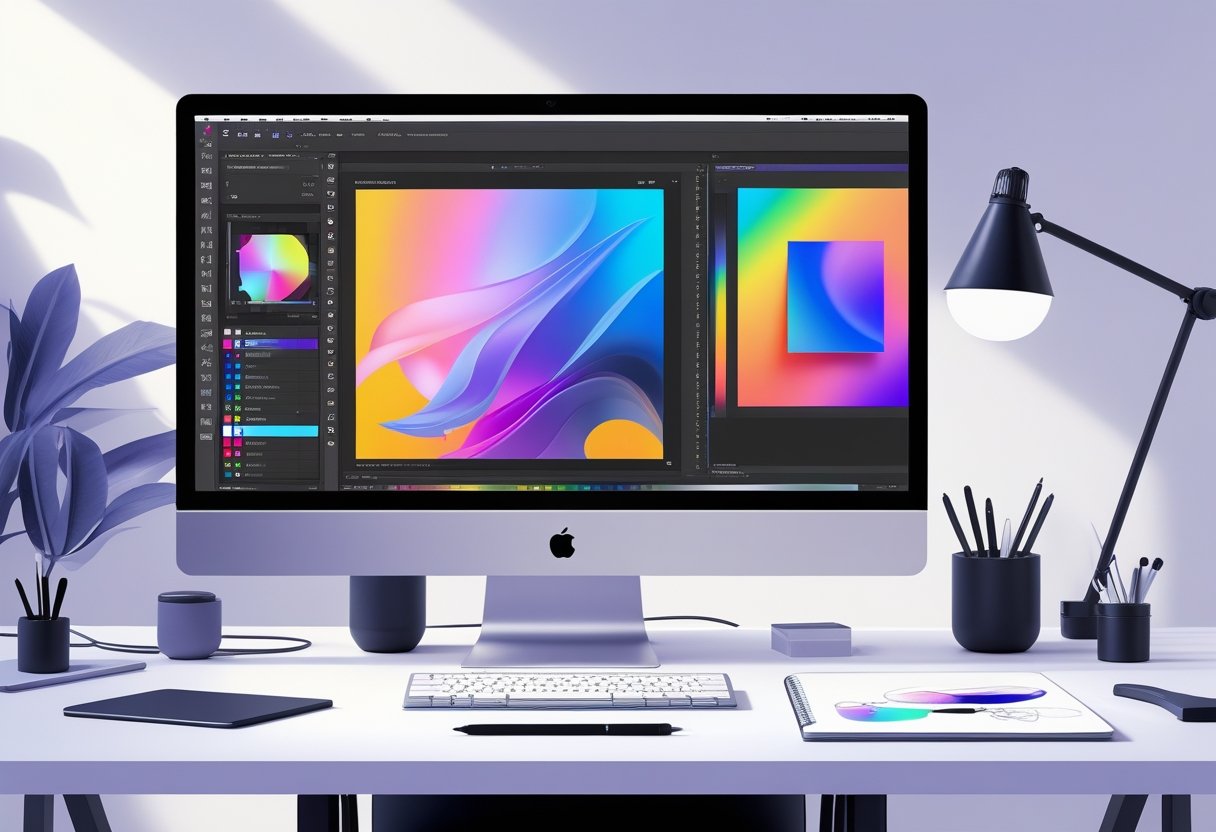 A modern workspace with a computer displaying photo editing software and creative tools like a graphic tablet and sketches.