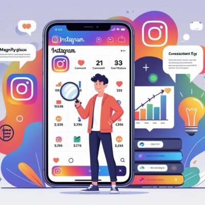 A person standing in front of a large smartphone with Instagram icons, surrounded by symbols representing discovery, scheduling, engagement, analytics, and creativity.