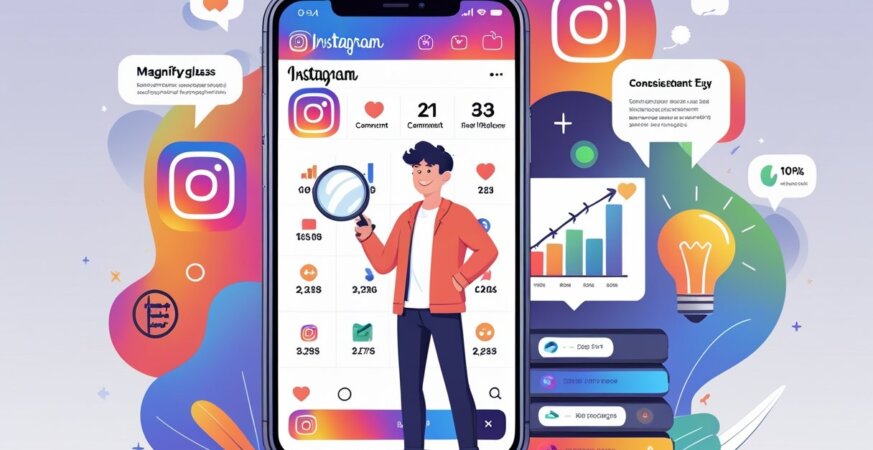 A person standing in front of a large smartphone with Instagram icons, surrounded by symbols representing discovery, scheduling, engagement, analytics, and creativity.