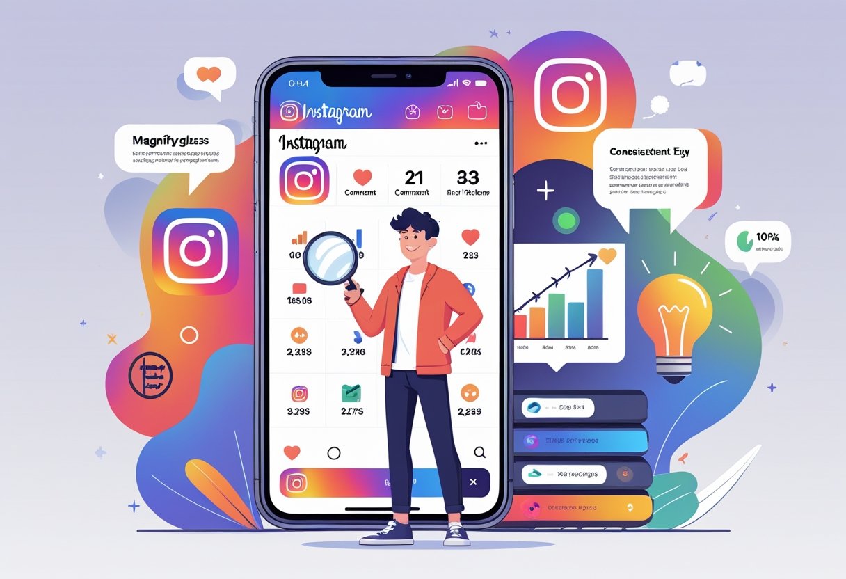 A person standing in front of a large smartphone with Instagram icons, surrounded by symbols representing discovery, scheduling, engagement, analytics, and creativity.