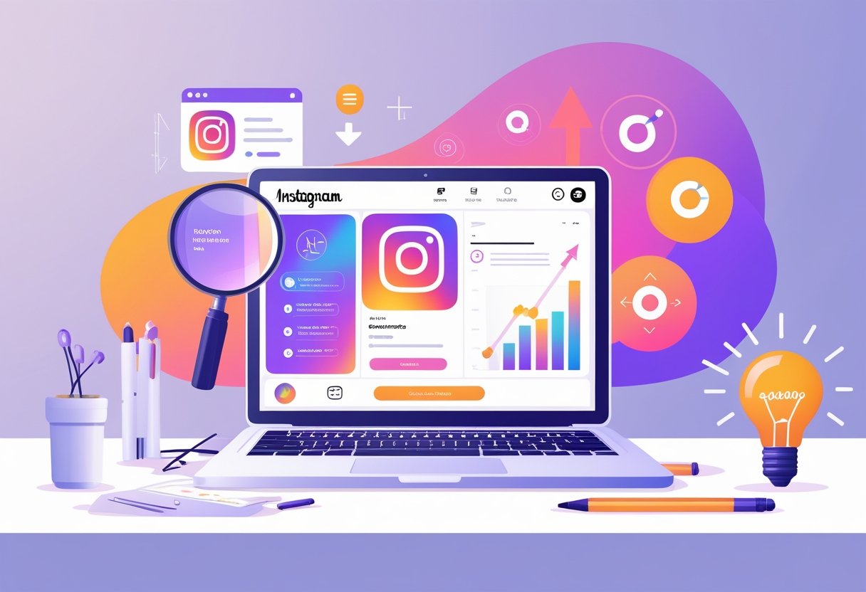 A workspace with a laptop showing an Instagram profile and five icons representing growth strategies like keywords, call-to-action, and audience focus.