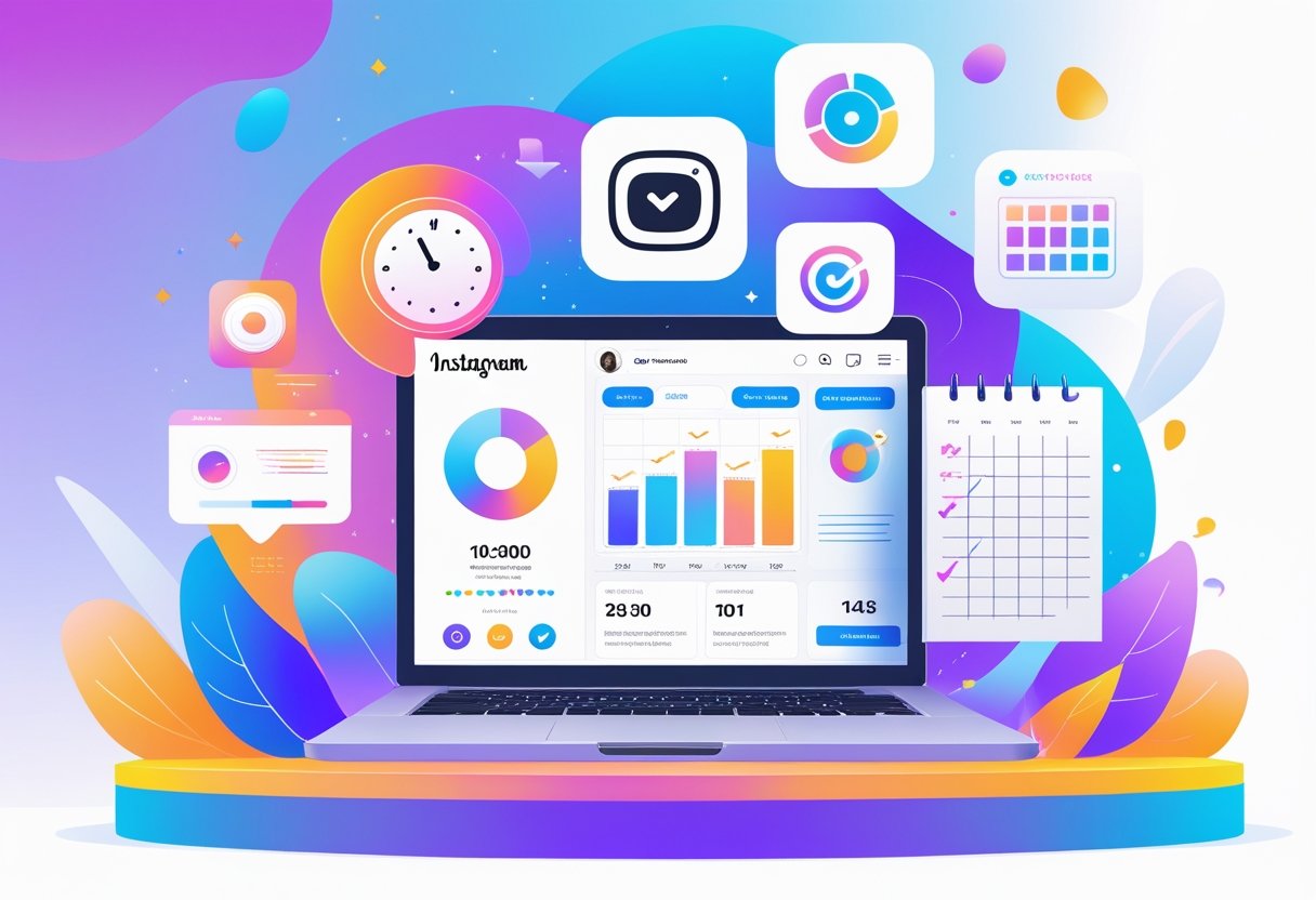A workspace with a laptop showing Instagram engagement metrics surrounded by five icons representing posting strategies and audience growth.