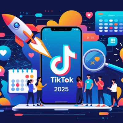 An illustration showing a smartphone surrounded by five icons representing growth, trends, collaboration, scheduling, and creativity for growing a TikTok account.